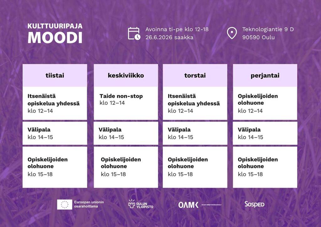Kulttuuripaja Moodin kesän 2026 lukujärjestys.